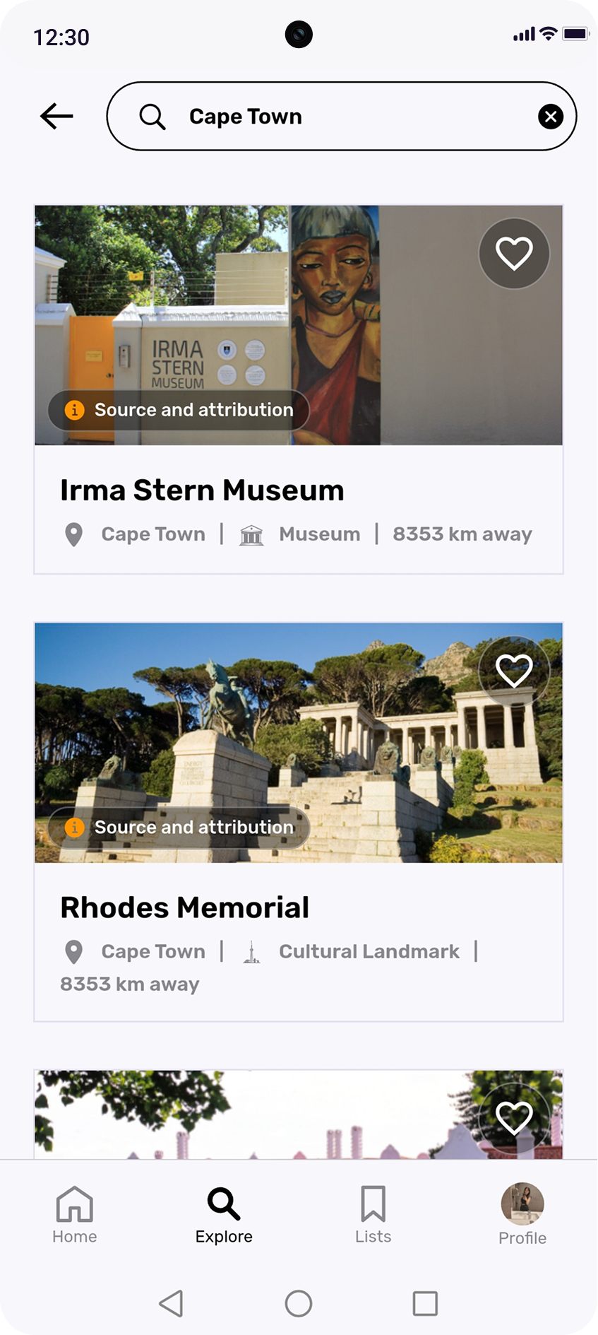 Artchaser Explore screen showing the Irma Stern Museum and Rhodes Memorial in Cape Town