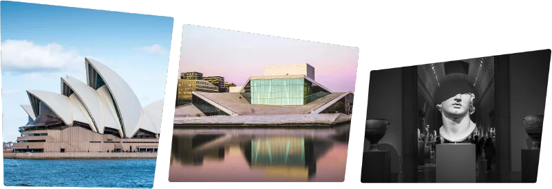 The Sydney Opera House, a modern museum and a classical sculpture